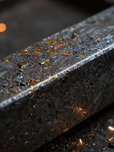 Macro shot of hand-patinated raw steel texture, deep charcoal tones with subtle amber oxidation highlights, dramatic high-contrast workshop lighting, sharp focus