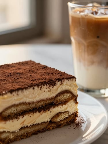 Close-up of a layered tiramisu showing rich cream and cocoa dusting, sitting next to a condensation-beaded iced latte on a light marble table, soft golden-hour window light, shallow depth of field, 35mm