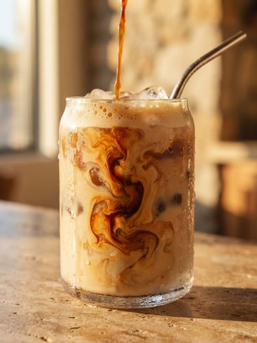 Macro shot of a condensation-beaded iced latte on a warm stone counter, rich espresso swirling into creamy milk, soft golden-hour side lighting
