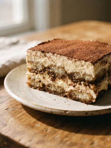 Close-up of a perfectly layered tiramisu on a ceramic plate, soft morning light casting long shadows on a warm cream tabletop, shallow depth of field, 35mm