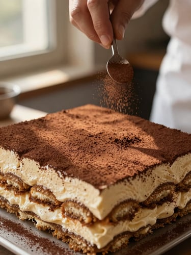 Close-up of a pastry chef dusting dark cocoa powder over a freshly layered classic tiramisu, soft directional window light highlighting the texture of the cream