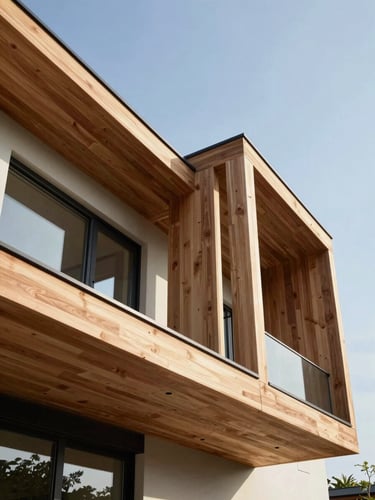 Low-angle architectural shot of a custom modern home framing against a bright natural daylight sky, clean timber lines, high-contrast shadows
