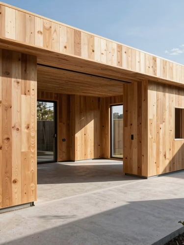 Interior view of a modern sunlit home under construction, grain-matched wood panels, clean concrete floors, architectural angles, sharp daylight, 35mm