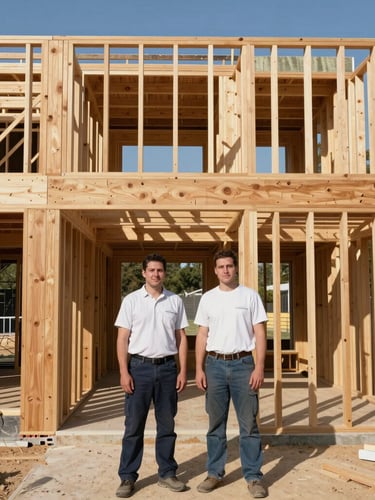 Architectural photography, sharp natural daylight, high-contrast deep shadows. Editorial portrait of two brothers, professional contractors in clean work shirts, standing in front of a sunlit timber-framed house structure under construction, 35mm.