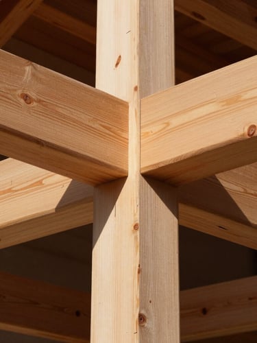 Architectural photography, sharp natural daylight, high-contrast deep shadows. Close-up of natural timber framing joints with sunlight casting sharp geometric lines, showing grain-matched wood and structural integrity, 35mm.