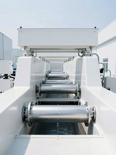 Bright high-key industrial photography, wide shot of a massive industrial washing tunnel inside a sterile facility, clean white daylight, 35mm