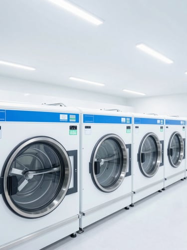 Bright high-key industrial photography of a modern commercial laundry facility, clean white light, sterile blue and white tones, wide environmental shot of large-scale washing tunnels, sharp focus, 35mm