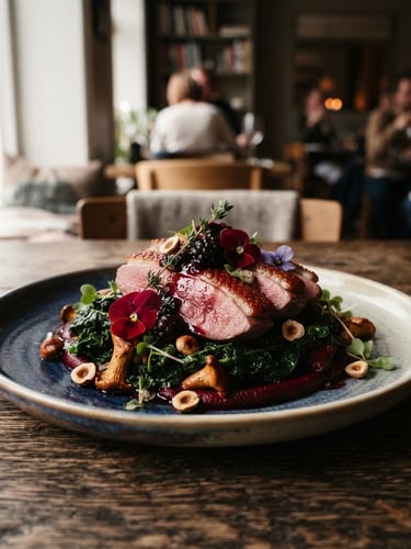 Close-up portrait shot of a perfectly plated, vibrantly colored dish on a rustic wooden table, soft side-lit daylight creating moody shadows, Scandinavian restaurant interior in soft focus background.