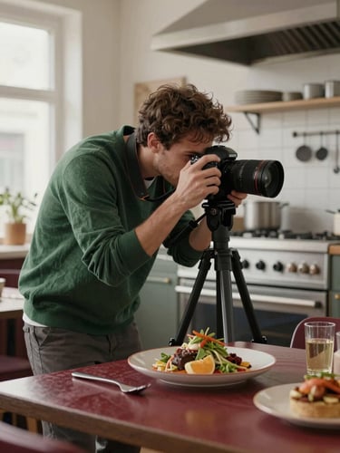 Mid-range shot of a professional food photographer with a camera on a tripod, capturing a dish on a styling board in a cozy, Scandinavian-style restaurant kitchen, soft diffused daylight.