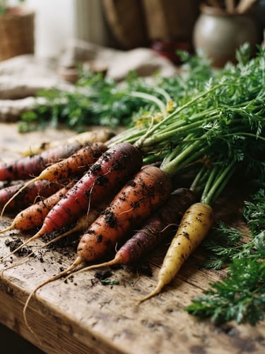 Close-up of freshly harvested heirloom carrots with soil, soft diffused natural light, rustic wooden table, cozy Scandinavian style, deep crimson and forest green tones, matte finish, 35mm lens
