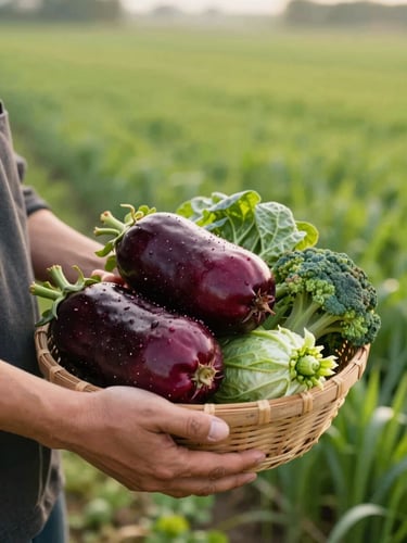 Farmer's hands gently holding a basket of freshly picked organic vegetables, soft morning light, blurred background of a vibrant green field, warm editorial food photography, deep crimson and forest green tones, matte finish, 35mm lens