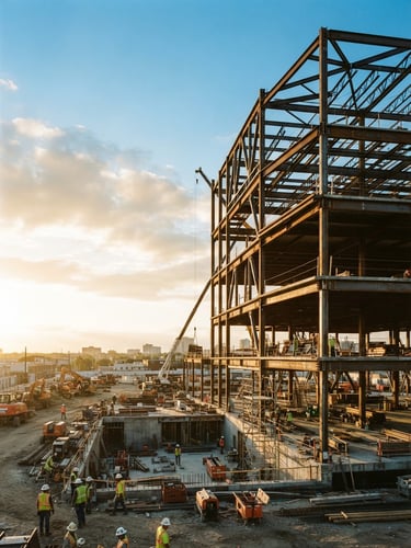 Wide shot of an active construction site, focus on raw steel framing under bright natural daylight, rich earthy tones, 35mm, expansive sky, low horizon, right-aligned composition.