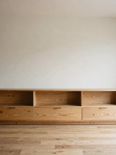 Wide environmental architectural shot of an empty living space with custom oak furniture, clean sightlines, diffused natural daylight, neutral earth tones, medium format film.