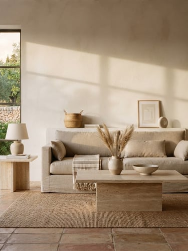 Straight-on architectural photograph of a sun-drenched living room with raw travertine tables, minimalist neutral-toned linen sofa, soft afternoon shadows on plaster walls, medium format film.