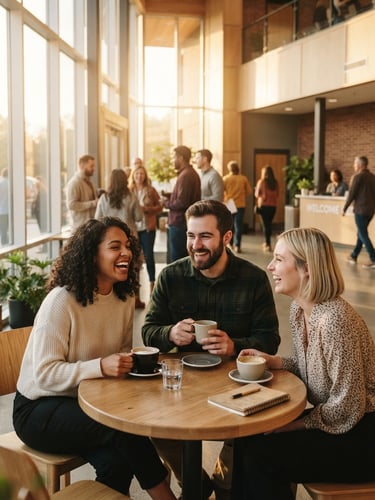Warm editorial photography of a modern, sunlit church lobby with light wood tables, people laughing over coffee, soft golden-hour window light, shallow depth of field, 35mm