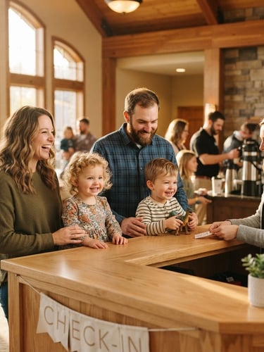 Bright sunlit church lobby, young parents checking in their smiling toddlers, soft golden-hour window light, warm natural wood textures, 35mm photography