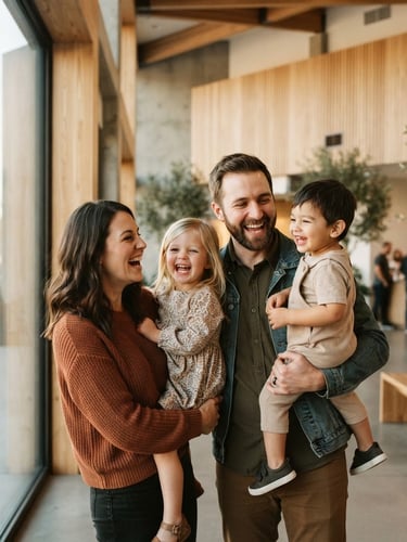 Medium candid shot of a young family laughing together in a sunlit modern church lobby with light wood accents, soft golden-hour window light, warm editorial photography, 35mm