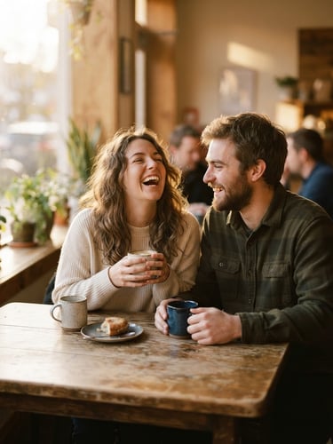 Candid medium shot of a young couple laughing around a rustic wooden table with coffee mugs, soft golden-hour window light, warm editorial style, shallow depth of field, 35mm