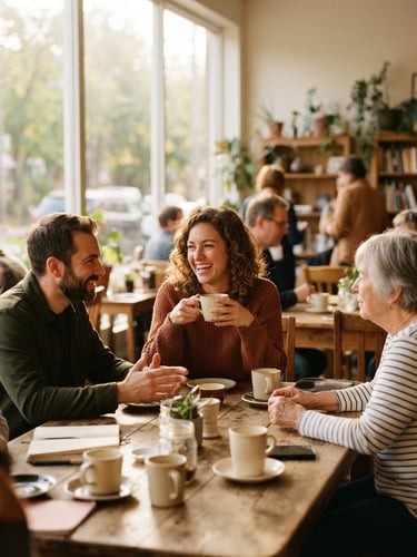 Warm morning light streaming through large windows of a community space, people sharing coffee around a wooden table, authentic candid, shallow depth of field, 35mm