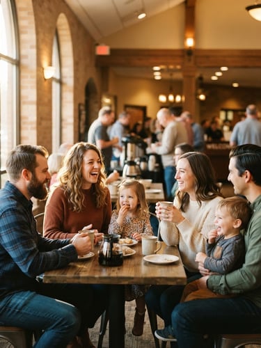 Warm candid photo of young families talking over coffee in a sunlit church lobby, natural golden-hour window light, shallow depth of field