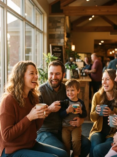 A warm sunlit lobby of a modern community church, young families laughing and holding coffee mugs, soft golden-hour window light, shallow depth of field, 35mm.