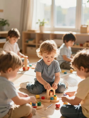 Bright, sunlit children's classroom with natural wood toys, happy toddlers playing, warm editorial photography, shallow depth of field