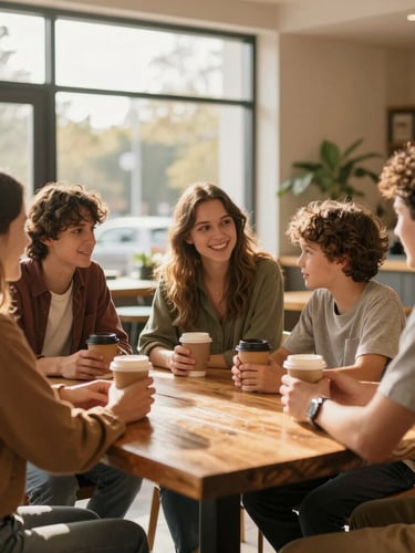 Candid medium shot of young families and couples talking around a rustic wooden table in a brightly lit lobby, holding coffee cups, warm natural light, shallow depth of field, 35mm