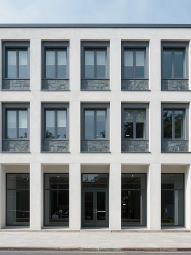 Symmetric architectural facade of a modern civic building, clean lines, cool daylight, slate gray and white tones, 35mm lens
