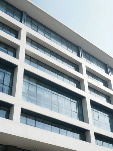 Low-angle architectural photography of a modern international institution facade, bright natural daylight, slate blue and crisp white tones, sharp focus, 35mm lens