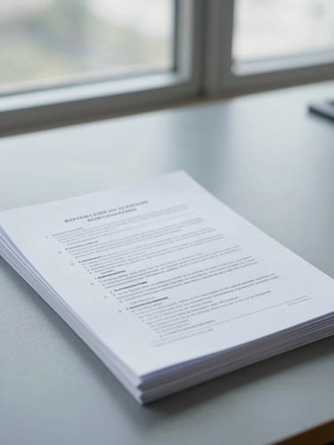 Close-up of high-quality printed policy documents stacked on a slate gray desk, soft daylight from a large window, sharp focus, 35mm lens