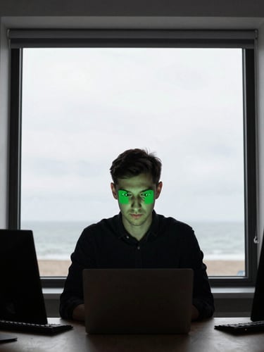 High-contrast portrait of a focused quantitative analyst working in our Brighton studio, cool overcast daylight from a window, sharp green screen glow on their face, desaturated tones, 35mm photography