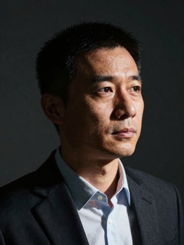 Close-up portrait of a thoughtful business professional, dramatic side-lighting, deep charcoal background, high contrast, 35mm film aesthetic