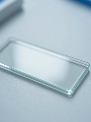 Macro close-up of a clean laboratory glass slide under cool, bright clinical daylight, desaturated medical blue tones, sharp focus, 35mm lens
