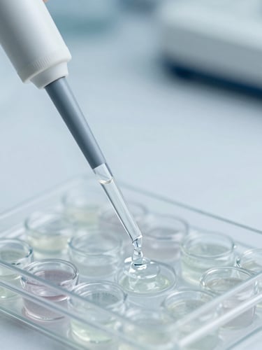 Macro close-up of a sterile laboratory pipette dispensing a clear liquid into a microplate, bright clinical daylight, desaturated medical blue tones, sharp focus, 35mm lens.