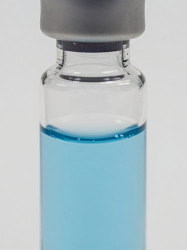 Macro close-up of clean laboratory glass vial with desaturated medical blue fluid, bright neutral daylight, sharp focus, 35mm lens