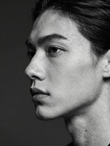 Stark black-and-white close-up profile of a model with distinct facial features, high-contrast studio strobes highlighting the jawline, dark empty background, raw casting digital style.