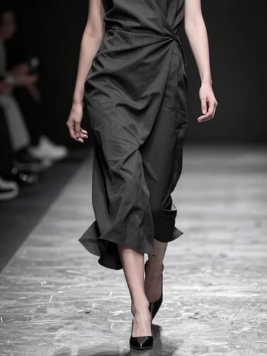 Stark black-and-white high-energy runway motion crop, a model mid-stride in avant-garde drapery, sharp studio strobe lighting, motion blur on the garments, dark runway background.