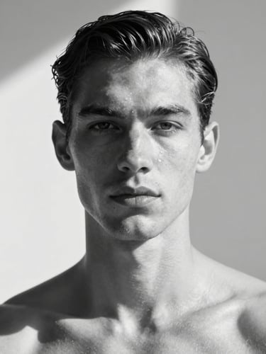 Stark high-contrast black and white portrait of a model with sharp, distinct bone structure, captured in harsh direct sunlight with deep shadows, raw casting card style, neutral expression, clean studio background.