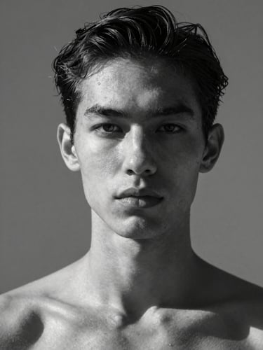 Stark black-and-white portrait of a non-binary model looking directly into the camera, unretouched skin, harsh direct sunlight, plain grey background.