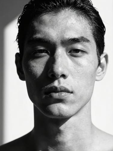 High-contrast black and white portrait of a model with sharp bone structure, harsh direct sunlight casting graphic shadows, architectural crop