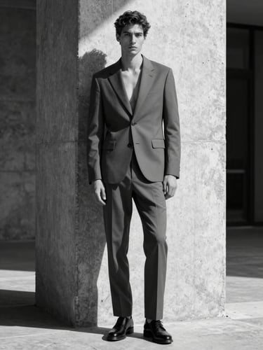 Stark black-and-white full-body architectural crop of a male model in a structured minimalist suit, standing against a raw concrete pillar, high-contrast shadows, direct overhead strobe lighting.