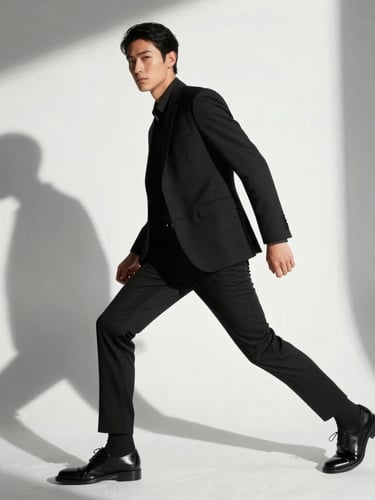 High-contrast editorial portrait of a model in motion, direct sunlight casting graphic shadows, stark white background
