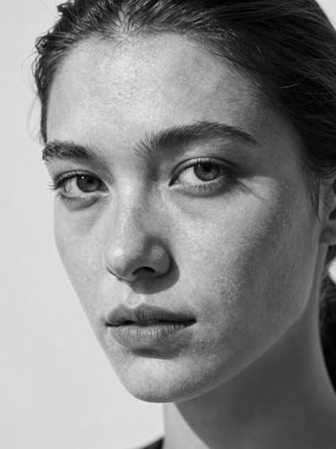 Stark black-and-white extreme close-up portrait of a female model with sharp cheekbones, harsh direct sunlight casting a strong shadow across one eye, unretouched skin texture, plain white studio wall background.