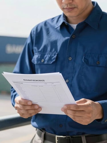 Portrait shot of a logistics expert reviewing shipping documents and a tablet showing tracking data, soft morning daylight, deep blue and crisp white tones, sharp focus, 35mm