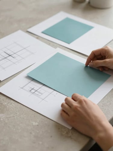 A tall portrait shot of a designer's hands arranging paper swatches and sketching layout concepts on a warm stone gray table, soft natural daylight, elegant editorial feel.