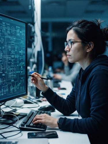 Close-up of a software engineer analyzing complex system architecture diagrams on a vertical monitor, sharp focus, cool blue tones, 35mm