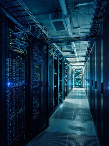 Abstract architectural lines of a secure modern data center, cool ambient blue and teal lighting, sharp focus, 35mm