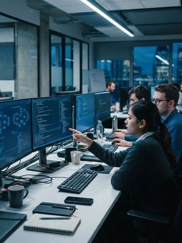 Modern clean London office workspace, soft blue ambient screen glow, developers analyzing complex data structures on monitors, sharp focus, 35mm