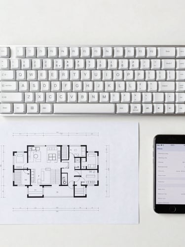 top-down flat lay of a clean minimalist workspace with a mechanical keyboard, a blueprint diagram, and a smartphone showing a clean data chart, crisp daylight, sharp focus