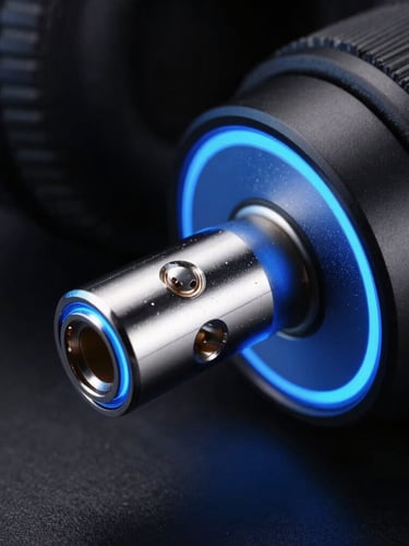 Macro studio shot of high-end headphone audio ports, metallic reflections, electric blue rim lighting, dark moody background, 50mm lens